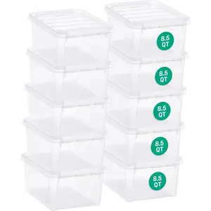 Classic 10 Clear Plastic Storage Boxes, 8L/8.5QT BPA-Free Stackable and Nestable Container with Secure Lid, Swedish Made Plastic Bins for Organization, L13.39 x W9.84 x H6.3 - 10 Pack