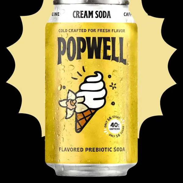 Popwell Caffeinated Prebiotic Cream Soda - Better-For-You, Gluten-Free Fizzy Drink with 6g Fiber, 1g Sugar, B Vitamins, Immunity Support - 12 fl oz Cans (12-Pack)
