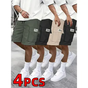 4-piece set of men's shorts, casual loose-fitting work pants with large pockets, summer trendy straight-leg knee-length shorts, couple's basketball pants