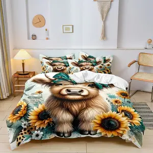 Highland Cow Digital Print Bedding Set, Decorative Bedroom Bedding Set, 3-Piece (1 Fitted Sheet + 2 Pillowcases), Polyester Fiber, Comfortable and Stylish