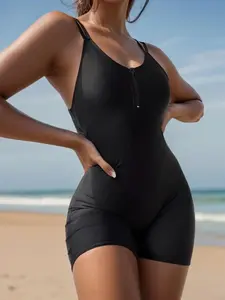 Women's Solid Half Zipper Double Straps Swimsuit, Sleeveless Swim One-piece for Summer, Tummy Control Swimwear, Summer Bathing Suits 2024 for Women Valentine's Day, gift