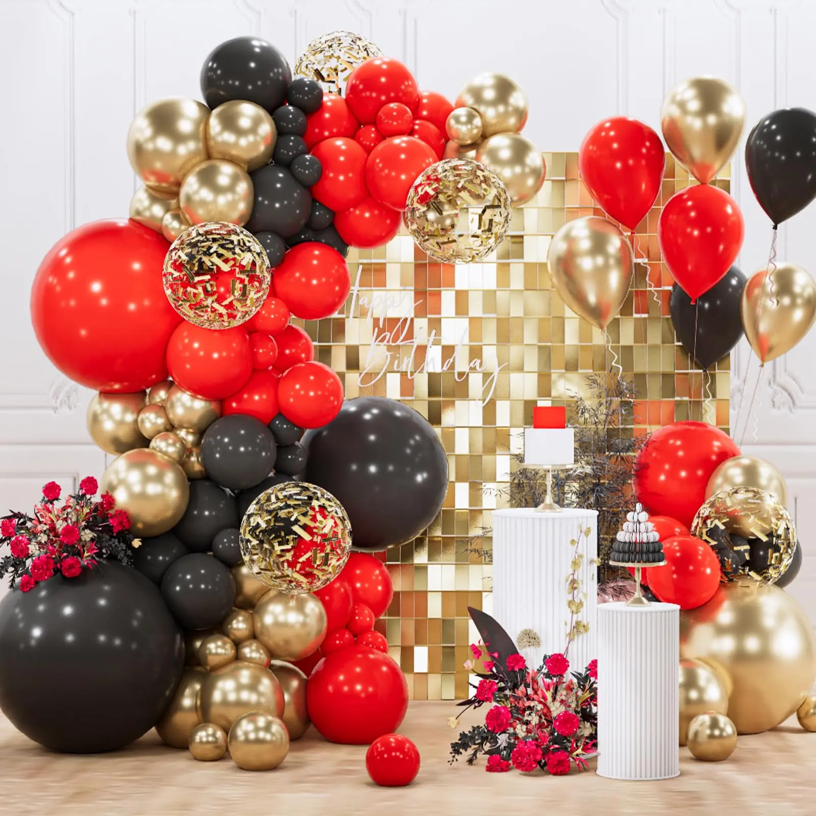 PartyWoo Red Black and Gold Balloon Arch Kit Garland 142pcs Different Sizes of 18 12 10 5 Inch Matte Black Red Metallic Gold Confetti Balloons for New Year's Eve Graduation Birthday Party Decorations, Balloon Arch Backdrop