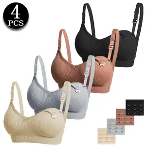 4 PCS Nursing Bras with One-Handed Clasp & Adjustable Back Hooks, Ribbed Maternity Wireless Bras for Breastfeeding