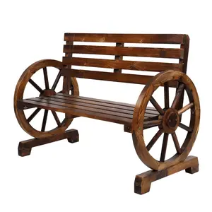 Outdoor Rustic Garden Bench - 2-Person Wooden Wagon Wheel Design with Slatted Seat & Backrest, Brown Solid Fir Wood for Patio