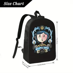 Coraline Movie Poster Backpack - Large Capacity Lightweight Daypack with Adjustable Straps, Welcome Home Graphic - for School, Travel, Work - Tim Fan Gift (Black/Blue Accents) - Laptop Compatible