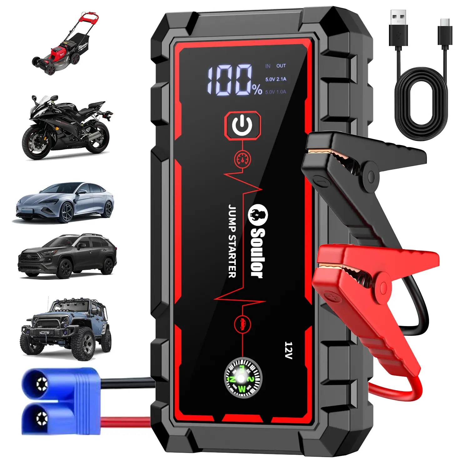 Soulor 8000mAh 12V Portable Car Jump Starter, Heavy-Duty Battery Booster Pack with LED Emergency Light, LCD Display, Phone/Tablet Power Bank & Jumper Clamps for Cars, SUVs, Trucks