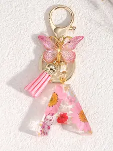 Dried flower letter key ring chain Alphabet Initials Daisy Transparent Key chain Accessories Daisy Copper Key Ring Women's Fashion Faux Tassel Key Chain Ring Thanksgiving Teacher's Day Gift Car Accessories Bags Backpack Accessories