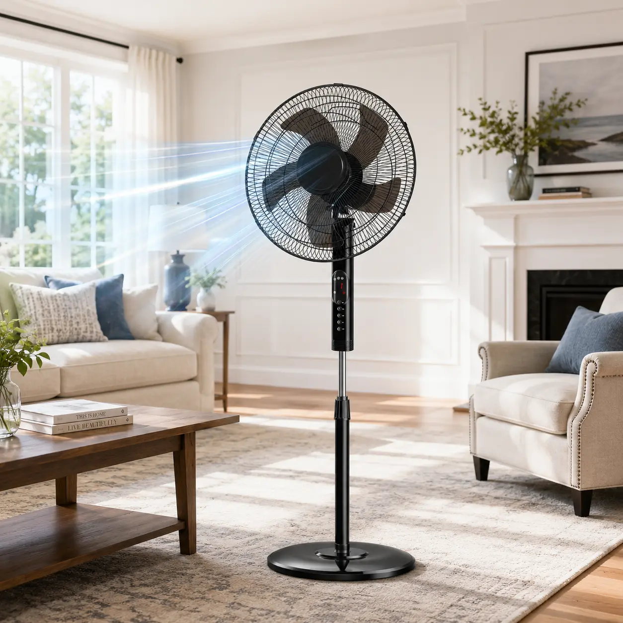 DUMOS Pedestal Cooling Fan - Energy Saving AC Fan with Remote Control, Adjustable Height, 3 Speeds, 3 Modes, Timer, Tilt Head, Home Decor for Bedroom, Living Room, Energy Saving Fan, Fan For Bedroom