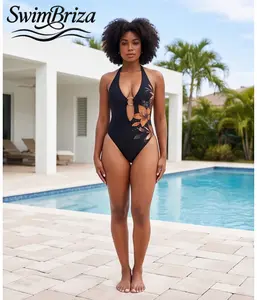 Briza｜Halter Neck Cut Out One Piece Swimsuit for Women Black Floral Print Bathing Suit with Gold Ring Accent Vintage Swimwear for Beach Vacation, Women's Swimwear, Bathing Suit for Women, Beach Pool Summer Vacation for Women, Resort Cruise Beachwear