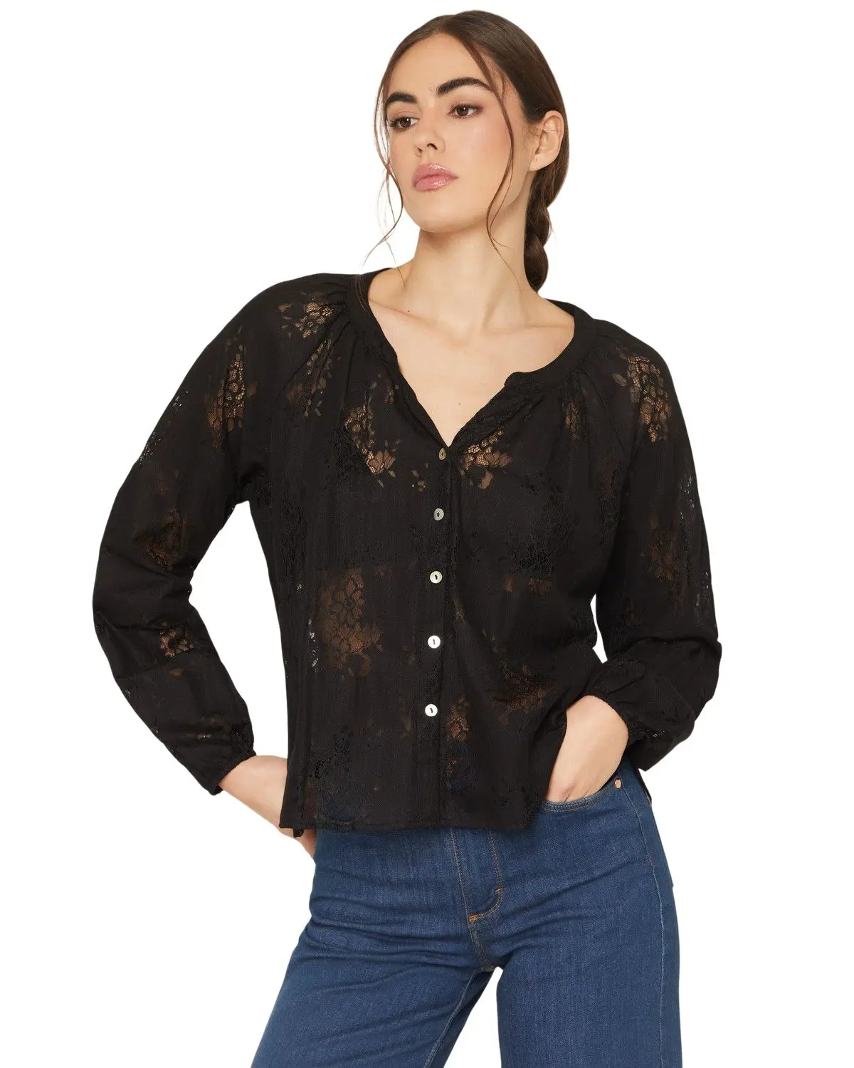 Wild Moss Women's Women'S Solid Lace Long Sleeve Button-Down Peasant Top - Ima6019-W2040-Blk