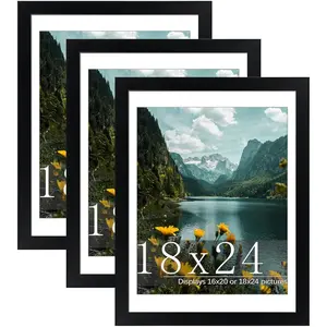 18x24 Picture Frame 3 Pack, Black Poster Frame, Display 16 x 20 with Mat or 18 x 24 without Mat for Horizontal or Vertical Wall Mounting