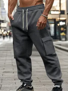 Men's Fall Winter Fleece Cargo Pants, Sporty Style Drawstring Waist, Multi-Pocket Design, Casual Long Trousers for Men
