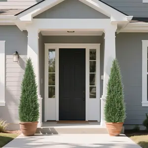 【GARVEE】Realistic UV Resistant Artificial Cedar Topiary Trees - 2 Pack Faux Evergreen Shrubs for Outdoor & Indoor - Weighted Black Pots - Low Maintenance Decorative Plants for Porch, Patio, Front Door, or Wedding Decor