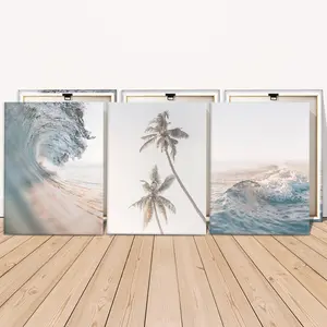 Wooden Framed Canvas Painting, 3 Counts/set Modern Art Sea View Pattern Canvas Wall Decor Painting, Wall Art Decor for Home Living Room Bedroom Office