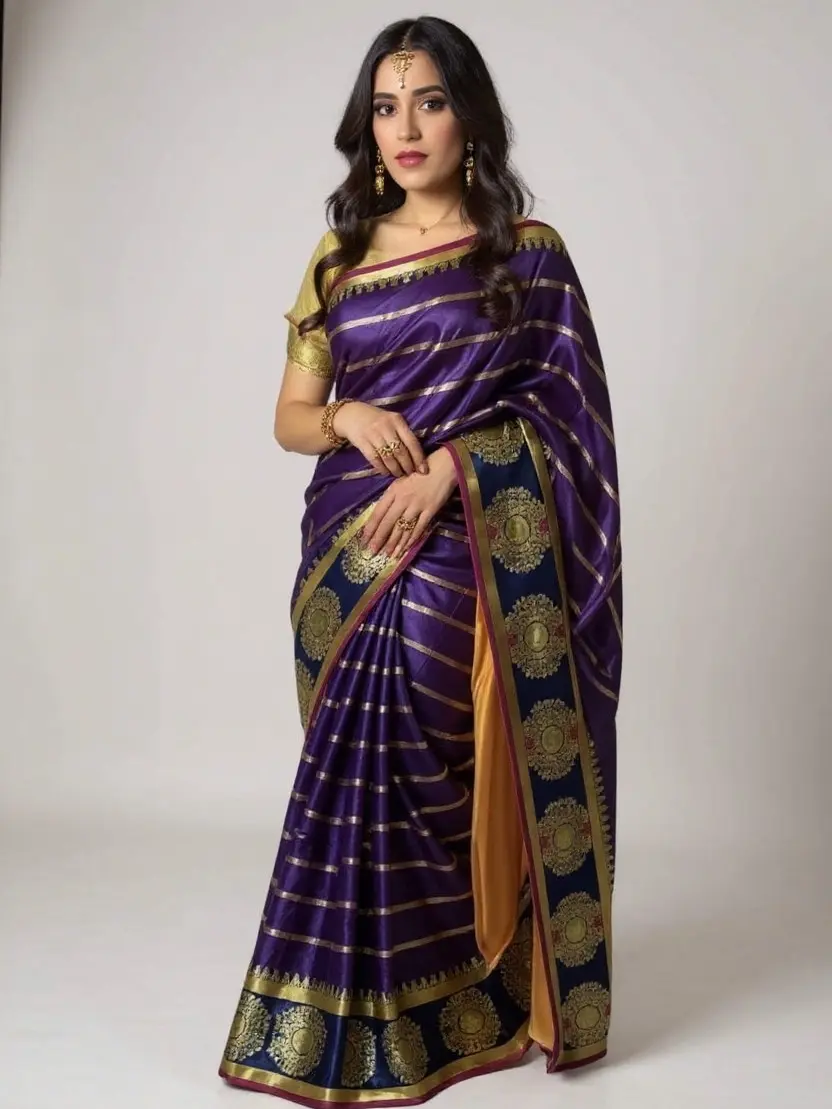 Women's Silk Saree - Traditional Party Wear Clothes with Purple and Gold Design, 1-Piece Traditional Fashion Meets Modern Style, Chic Elegance for Summer