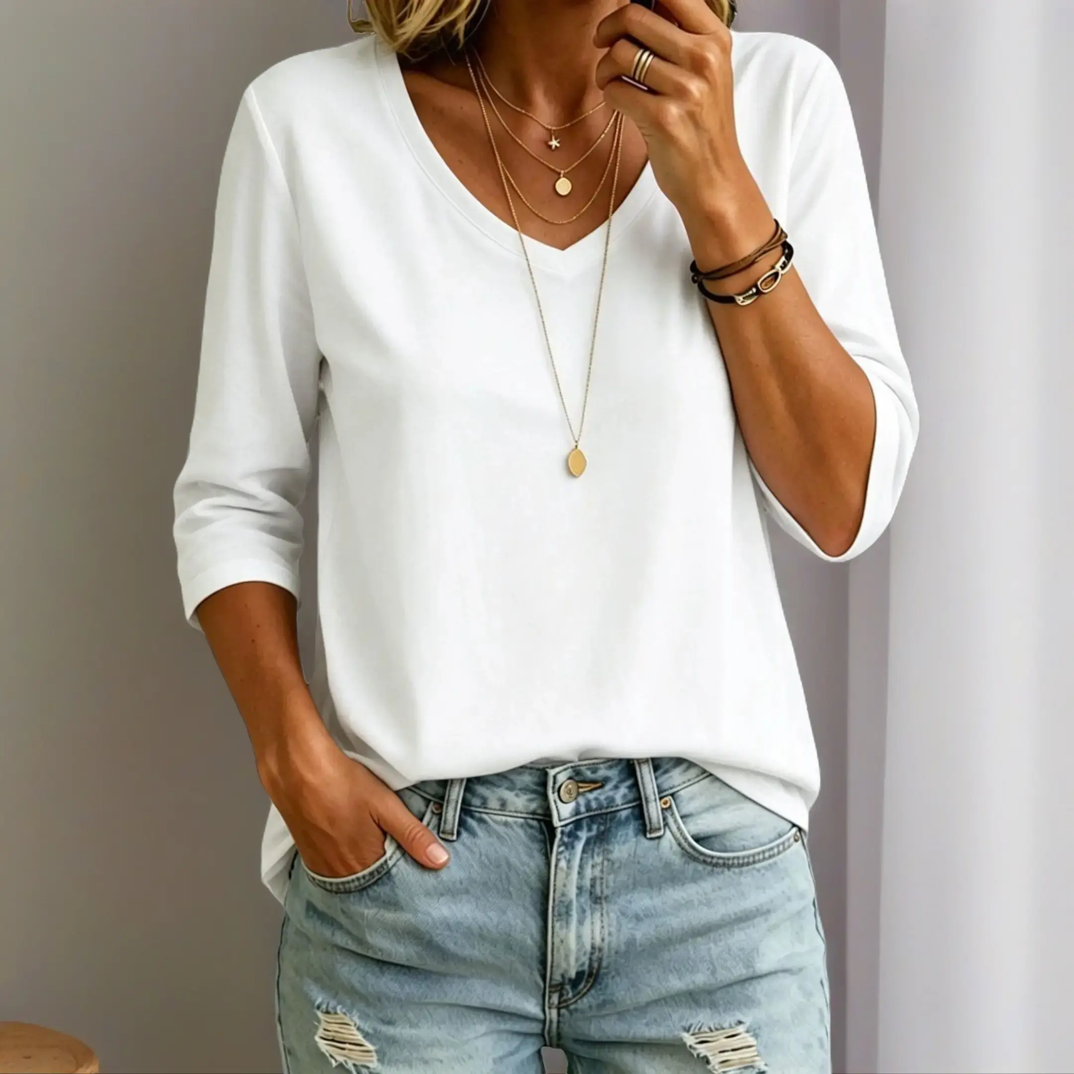 Women's Chic Simple Basic Style Minimalist V-Neck 3-Quarter Sleeve Solid Color Casual T-Shirt - Versatile Summer Home Supplies Top (Pairs with Jeans, Fits Raincoats Category Use), Comfortable