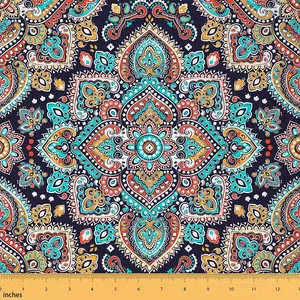 Boho Mandala Fabric by The Yard,3 Yards,Exotic Bohemian Style Floral Upholstery Fabric,Hippie Mandala Printed Fabric,Flowers Reupholstery Fabric