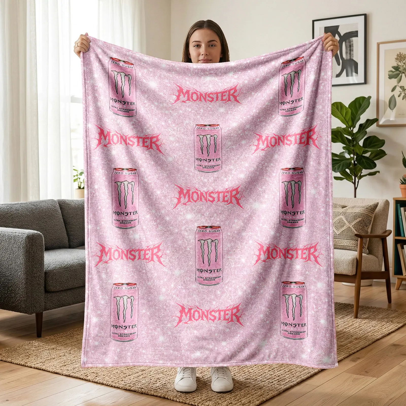 1 pc pink Monster energy drink–themed flannel blanket, all-over print featuring strawberry-flavored cans and brand elements, sweet-cool Y2K style. Soft, warm, comfortable nap blanket—versatile gift suitable for sofa, bed, office, shawl/wrap, camping, and