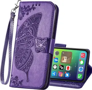 Phone Case Wallet,Women Flip Folio Cover with Credit Card Holders Emboss Butterfly Flower PU Leather Purse Wrist Strap Kickstand Case