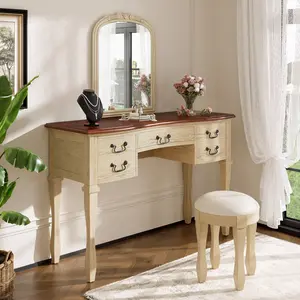 Eyisean 46" Vintage Makeup Vanity Desk with Curved Flower Frame Mirror, Wooden Vanity Table with 5 Drawers, Antique Dressing Table Set with Leather Stool , Solid Wood Legs & Handles for Bedroom