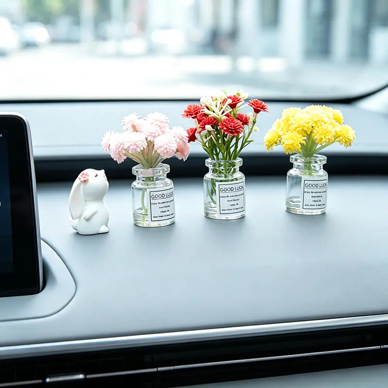 Cute Artificial Flower Vase Car Dashboard Ornament, Mini Simulation Floral Car Interior Decor, Aesthetic Vehicle Desk Decoration