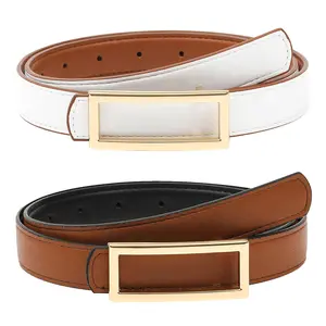 AWAYTR Women Reversible Leather Belt for Jeans Dresses Fashion Two-in-One Women Skinny Belt with Golden Square Buckle