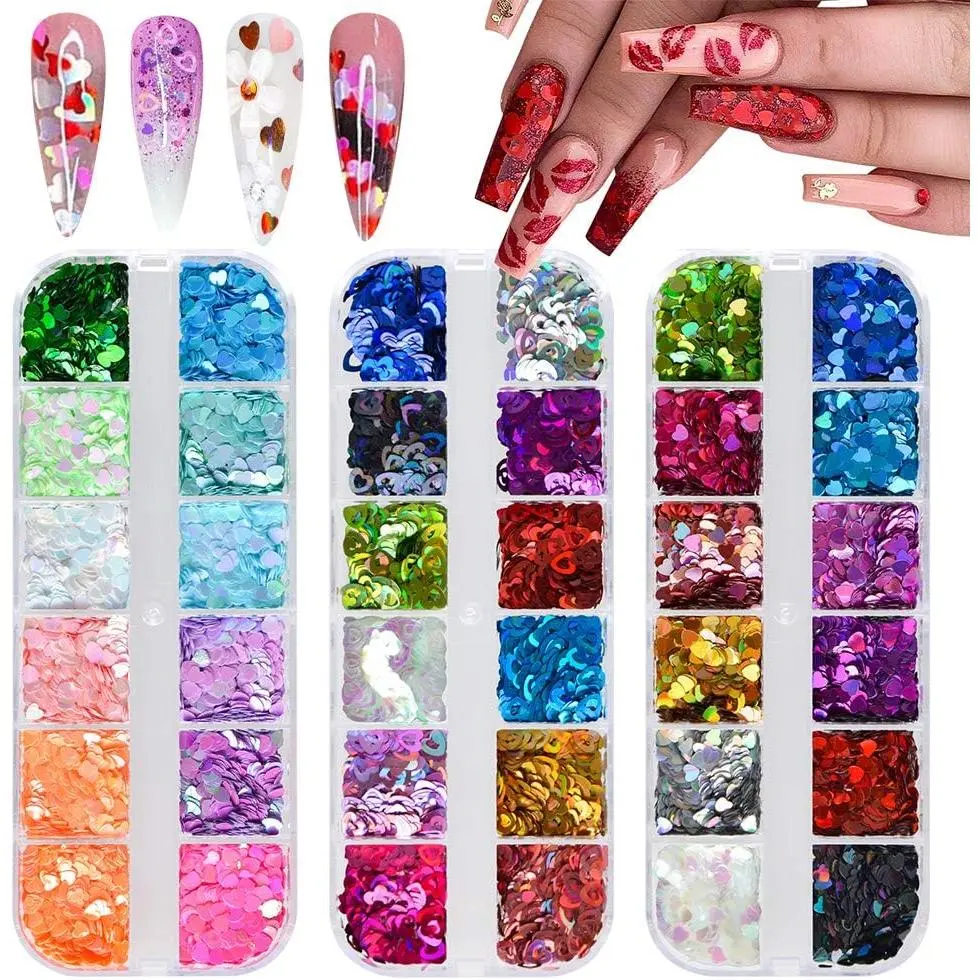 36 Colors Heart Glitter Nail Art Sequins, Holographic Heart Shaped Nail Sequin Laser Heart Nail Art Flake Glitter Decals for Valentine's Day Face Eyes Nail Art Decoration DIY Craft (3 Boxes)