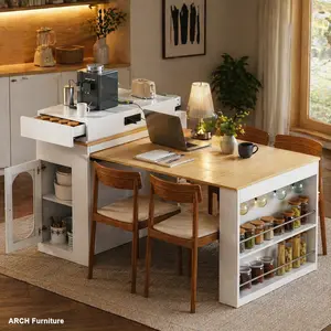 TREXM ARCH Video-Enabled Expandable Dining Table - Convertible, Mixed-Material, Multi-Function Furniture with Folding Tabletop, Drawers, Power Outlet, Wheels, Hooks, Creamy White+Natural Indoor Kitchen Island/Bar Table, Convertible Dining Tables, Expandab