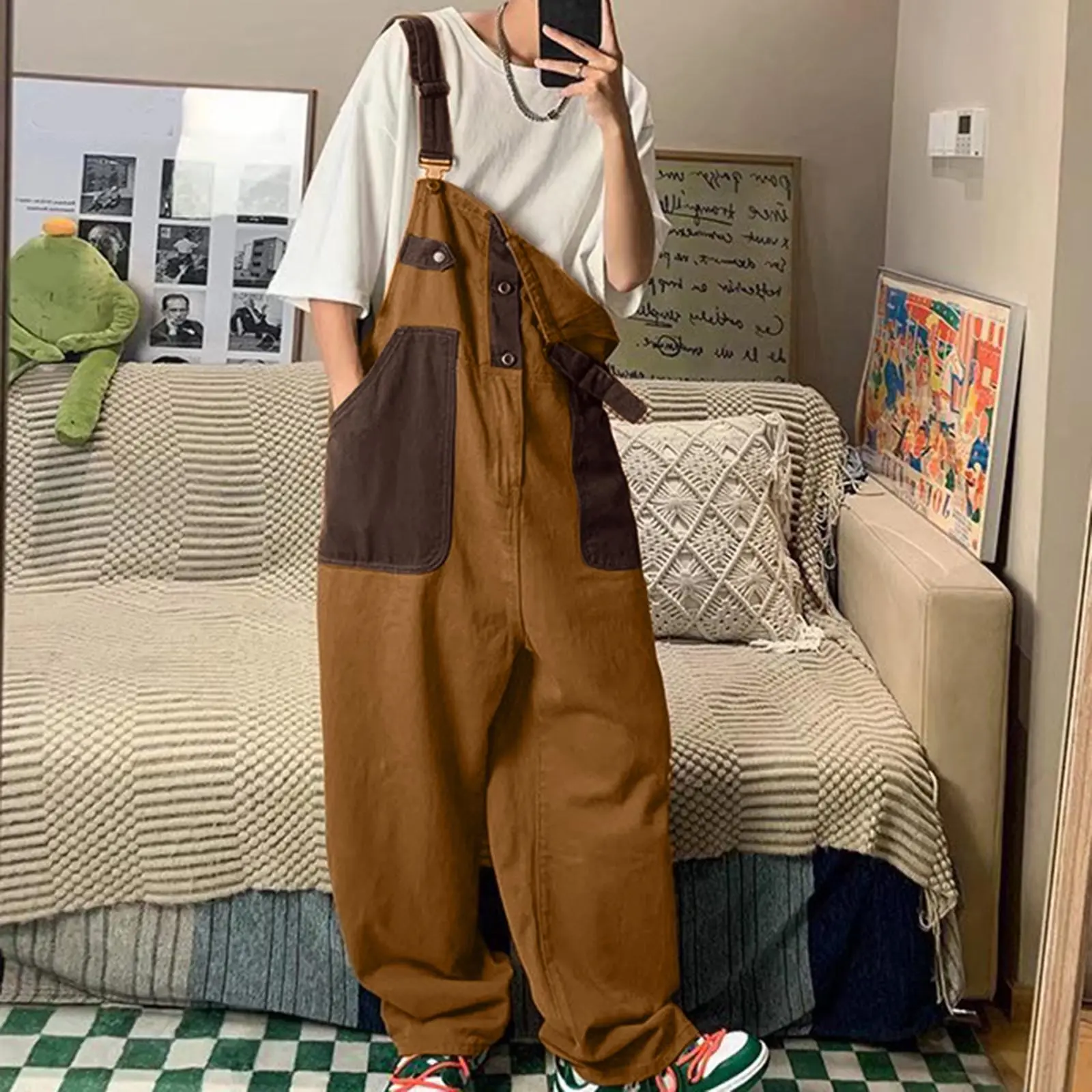 Men'S Retro Orange Brown Unisex Overalls Wear Pair Of Loose Straight Overalls On Both Sides Mens Versatile And Fashionable Pants