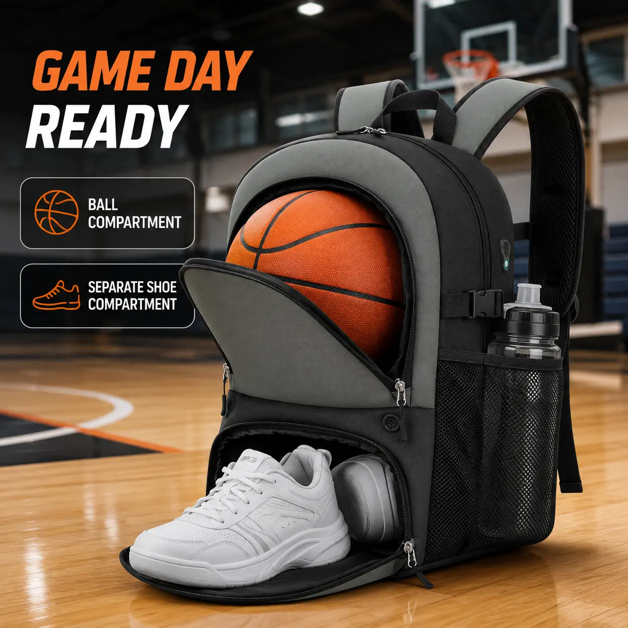 Lightbiz 34L Large Capacity Basketball Bag Backpack with Ball Holder & Ventilated Shoe Compartment, Water-Resistant Sports Equipment Bag with USB Port & Reflective Strips for Basketball, Soccer, Volleyball, Gym, School, Travel, Men, Women, Boys & Girls