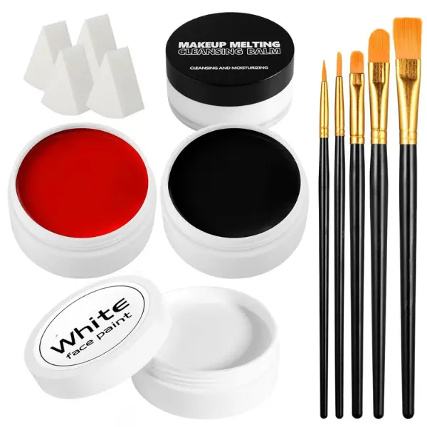 Halloween Gift Black White Red Face Paint Kit – Large Oil-Based Grease Makeup Set with Remover Balm, 5 Brushes & 4 Sponges – Waterproof, Full Coverage Halloween, Cosplay & Stage SFX Makeup
