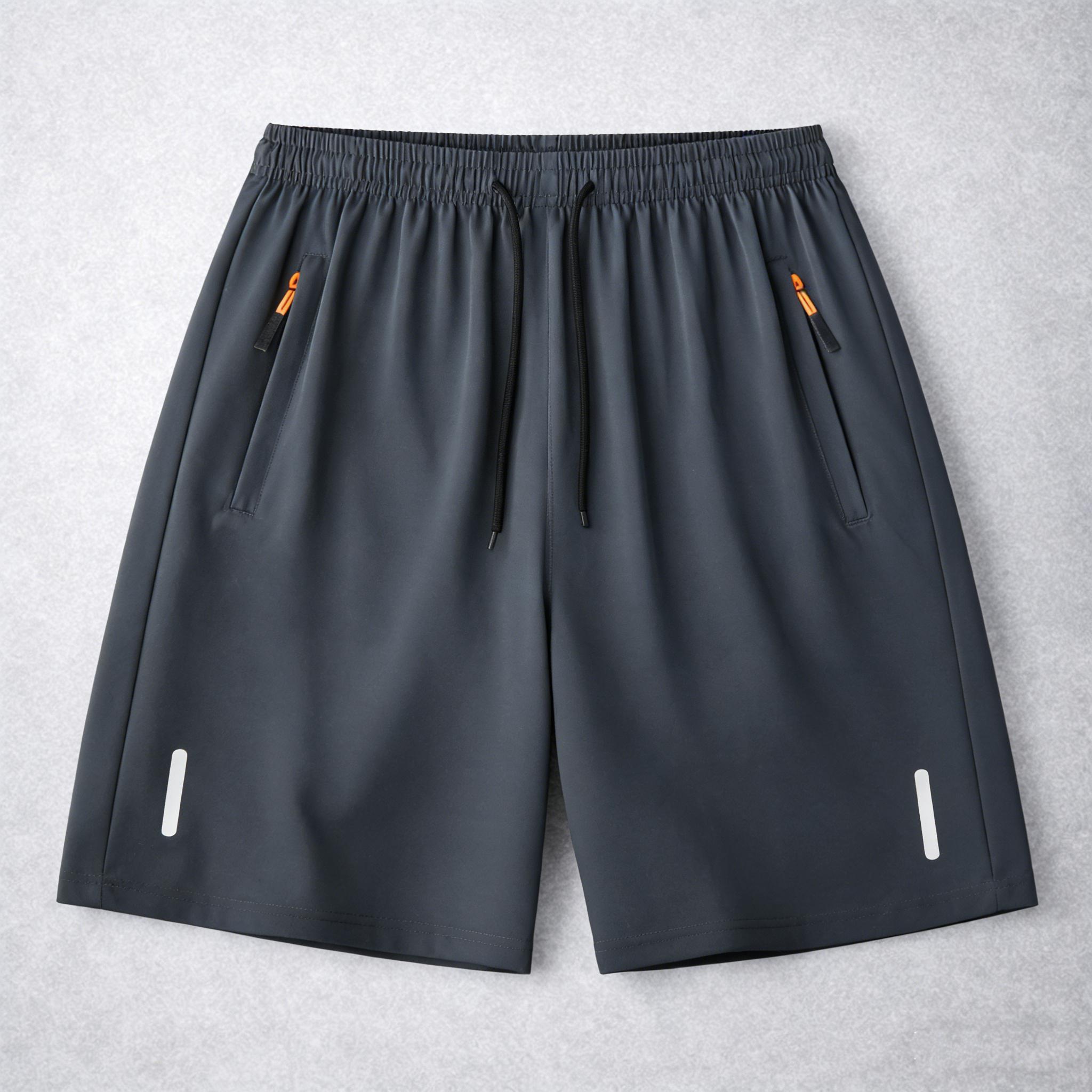 Men’s casual breathable shorts; men’s quick-dry shorts with reflective stripe print; ice silk shorts with zippered pockets; quick-drying, lightweight sports/fitness shorts—ideal for summer leisure and active wear, suitable for significant athletic activit