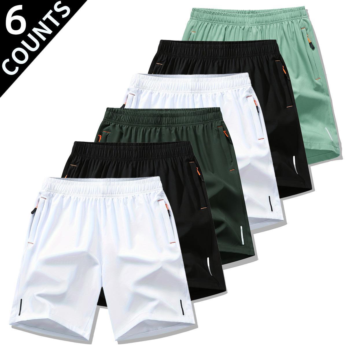 6-piece set: men’s zip-pocket shorts; summer ice-silk beach shorts; ice-feel quick-dry sports casual pants; lightweight basketball shorts; plus-size men’s clothing with reflective strip design; menswear; plain trousers; suitable for running and fitness. b