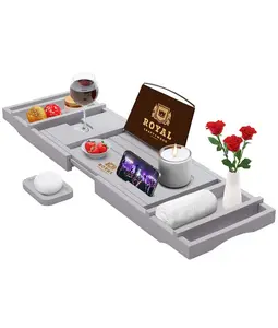 Bathtub Caddy Tray with Free Soap Dish, Luxury Wooden Bamboo Bath Tray with Extending Sides, Silicone Grips, Bathroom Accessories - Royal Craft Wood