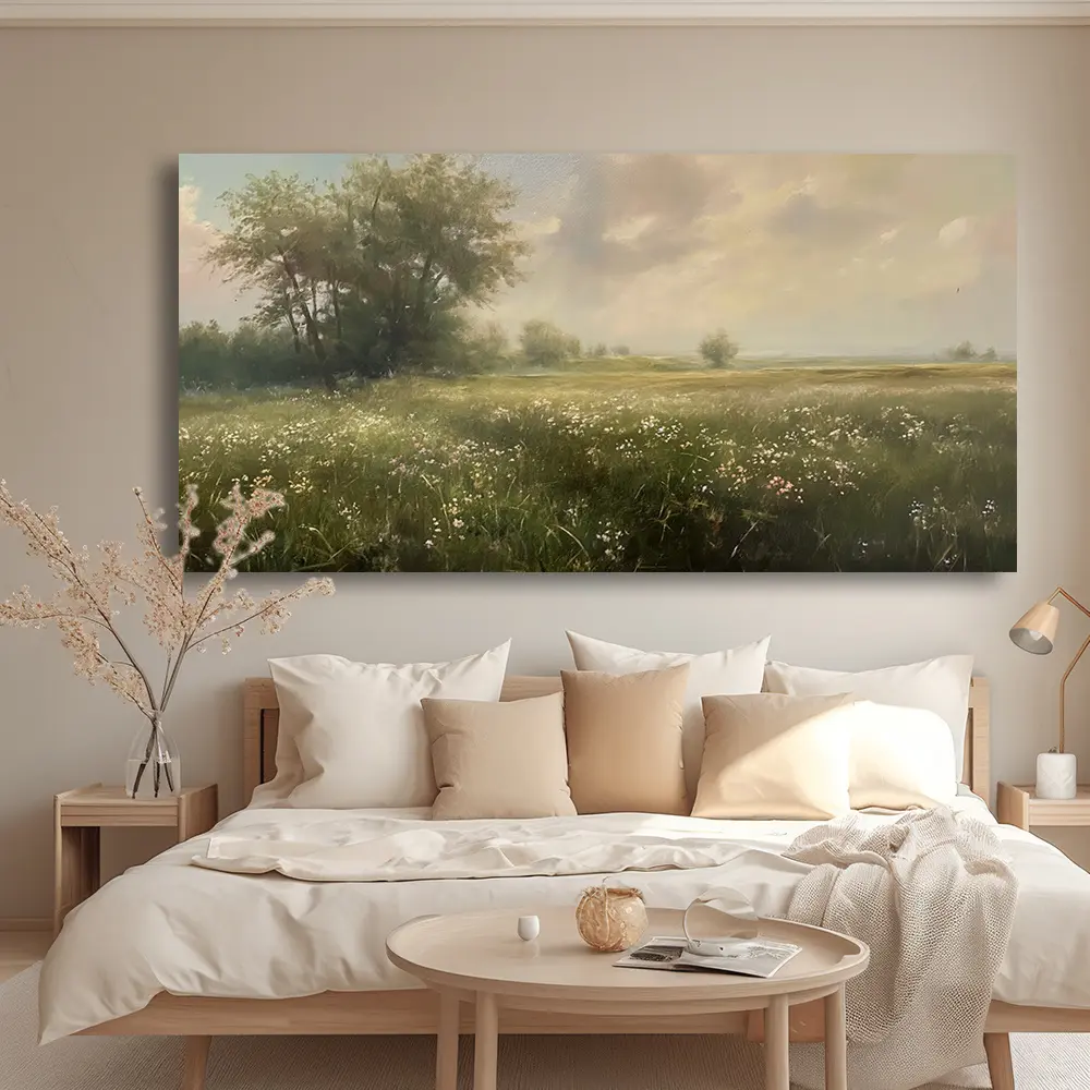 Abstract wildflower prairie canvas wall art, multi-room decor for living room, bedroom, home office, vintage and modern style |   Serene landscape print on high-quality canvas, perfect for indoor use, ready-to-hang framed canvas wall art