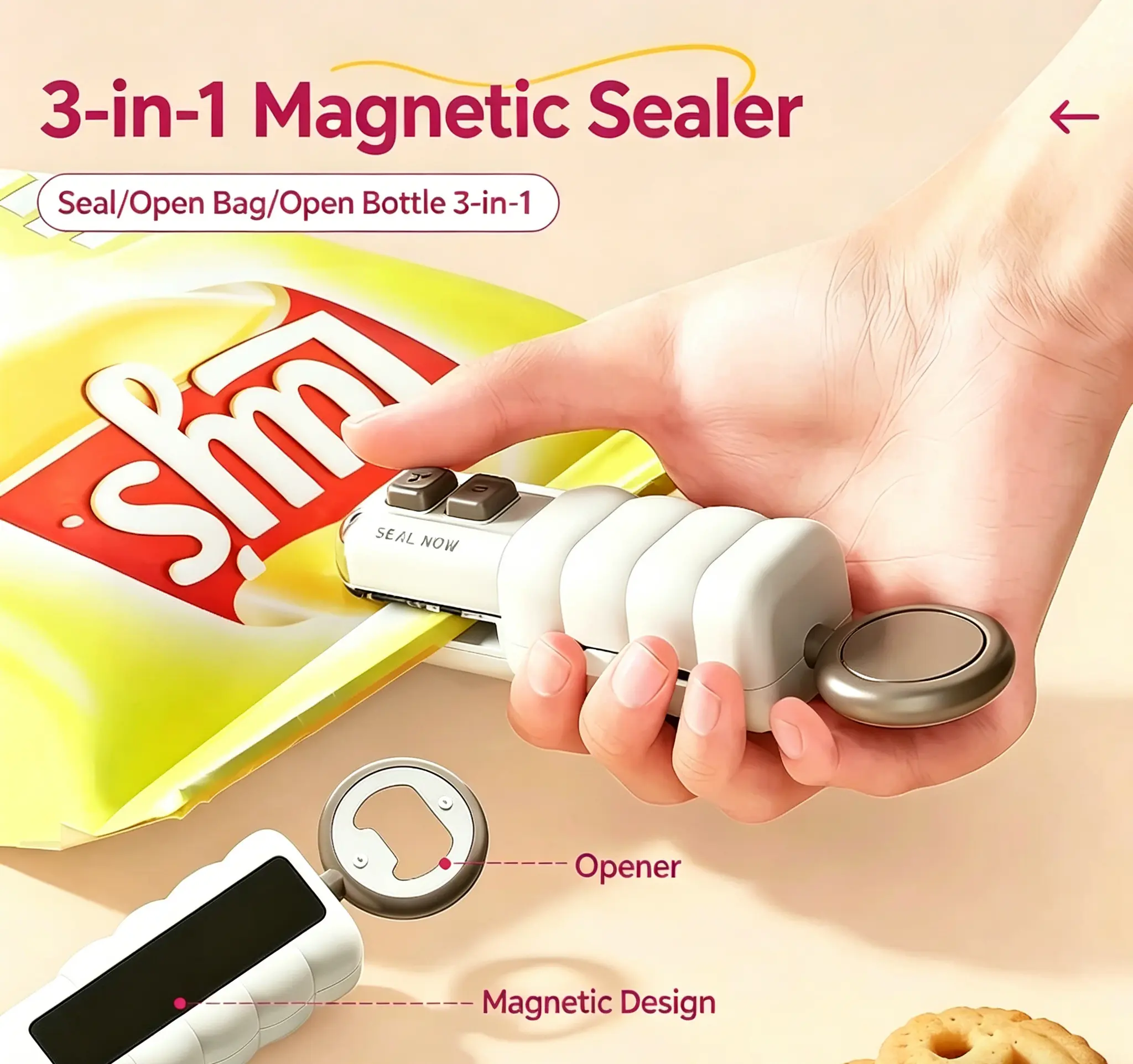 3-in-1 Compact Mini Bag Sealer Cutter - Portable USB Charging Heat Sealer, Handheld Bottle Opener for Home Supplies, Picnics, Chip Bag Sealer, Plastic Bag Sealer