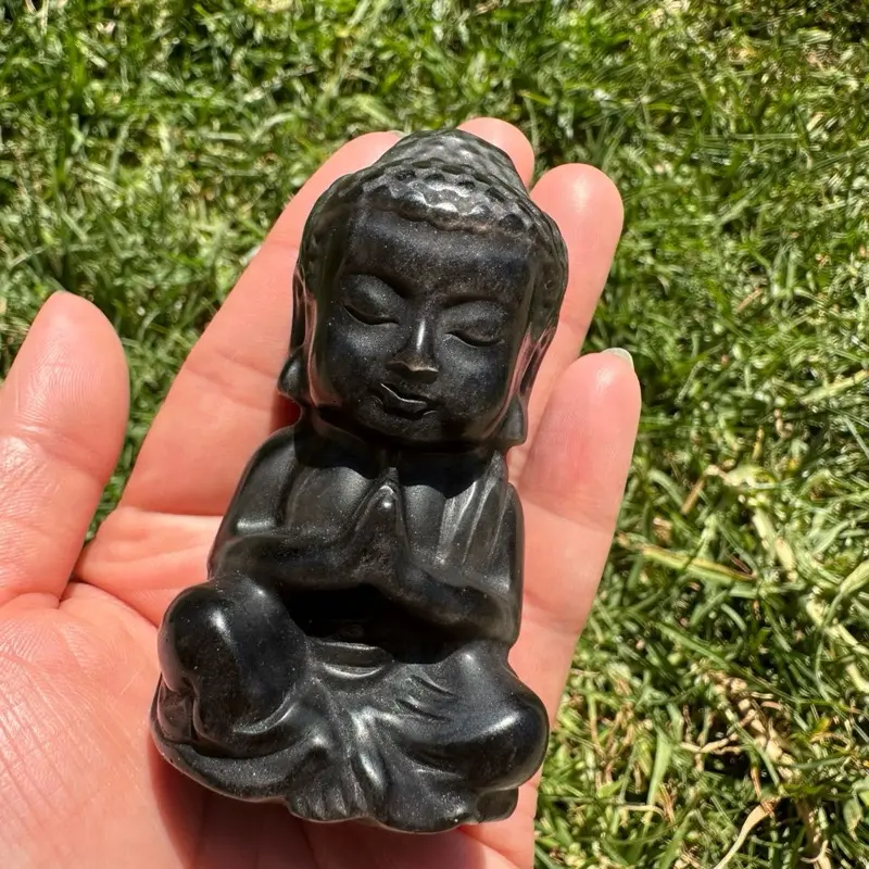 Hand-Carved Silver Sheen Obsidian Baby Buddha Figurine