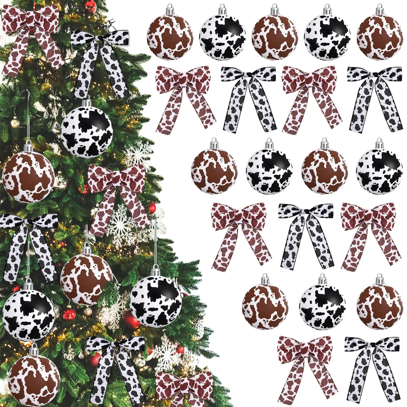 Western Cowboy Christmas Ornaments Set Plastic/Plush Cow Print Christmas Balls with Bow, Christmas Decor Cowboy Hat Western Decor Wooden Hanging Decorations for Xmas Tree Farmhouse Country Holiday Party Home Decor Christmas Gifts