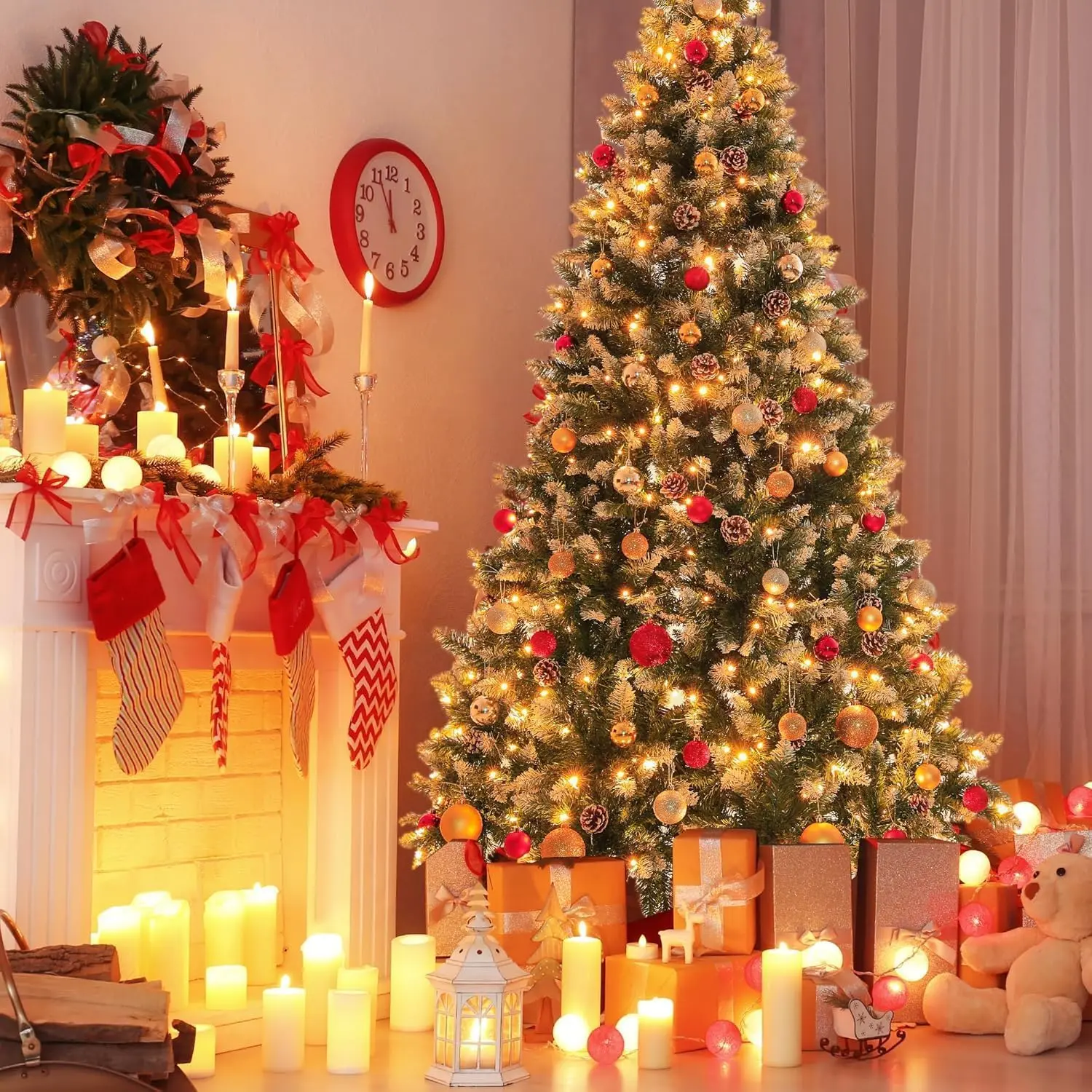 9 Ft Pre-Lit Flocked PVC Artificial Christmas Tree - Standing Holiday Home Decor with Metal Base, Realistic Pine Cones, Full Natural Hinged Branches, Easy Assembly, Artificial Flowers, Garland & Ornament Compatibility, Decor Accessories, Home Supplies, Pv