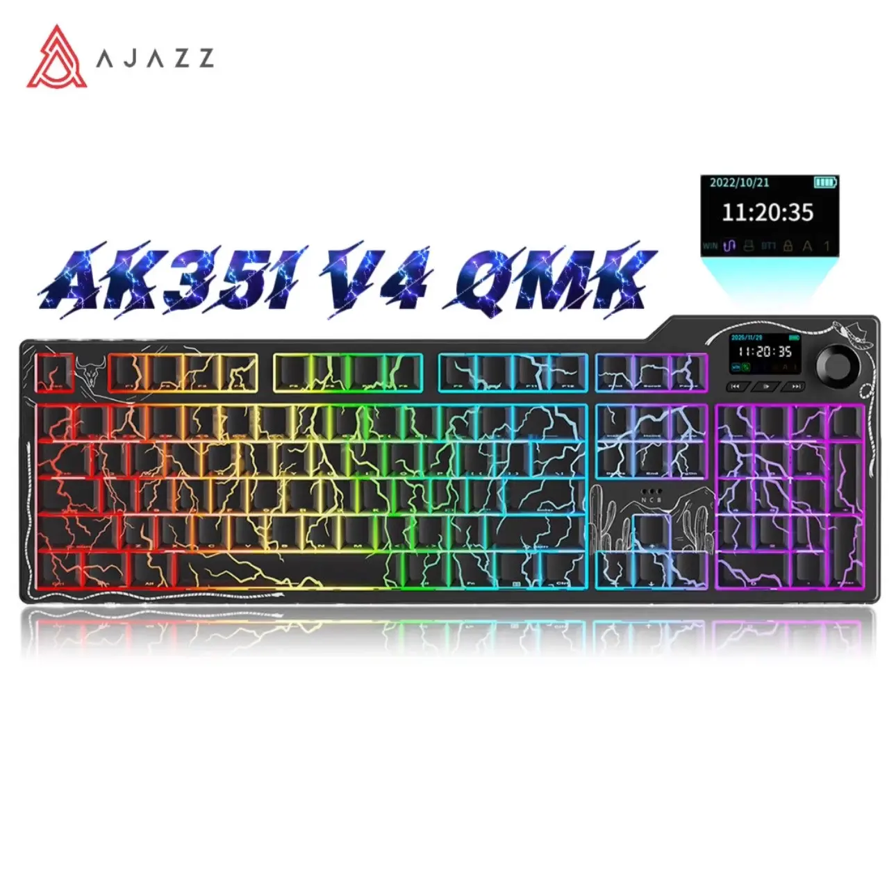 Ajazz AK35I V4 QMK Full-Size Wireless Ergonomic Mechanical Gaming Keyboard - Creamy, Versatile Keyboard with Rotary Knob, Smart Screen Numeric Keypad, Enhances Gaming Experience, Enables Seamless Office & PC Use, Christmas Gift Option