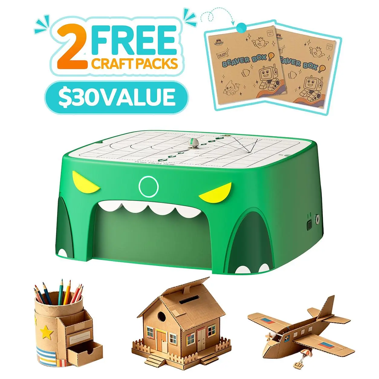 BEAVERBOT Kids Bladeless Cardboard Cutter Tool (Ages 3+), Safe STEM Craft with Durable Aluminum Scale Plate, Direct-Drive Motor, 2-Speed Adjustment, Jam-Stop Protect, DIY Cutting Gadget, Model Building Kits Gift w/2 Bonus 3D Paper Puzzles, C2