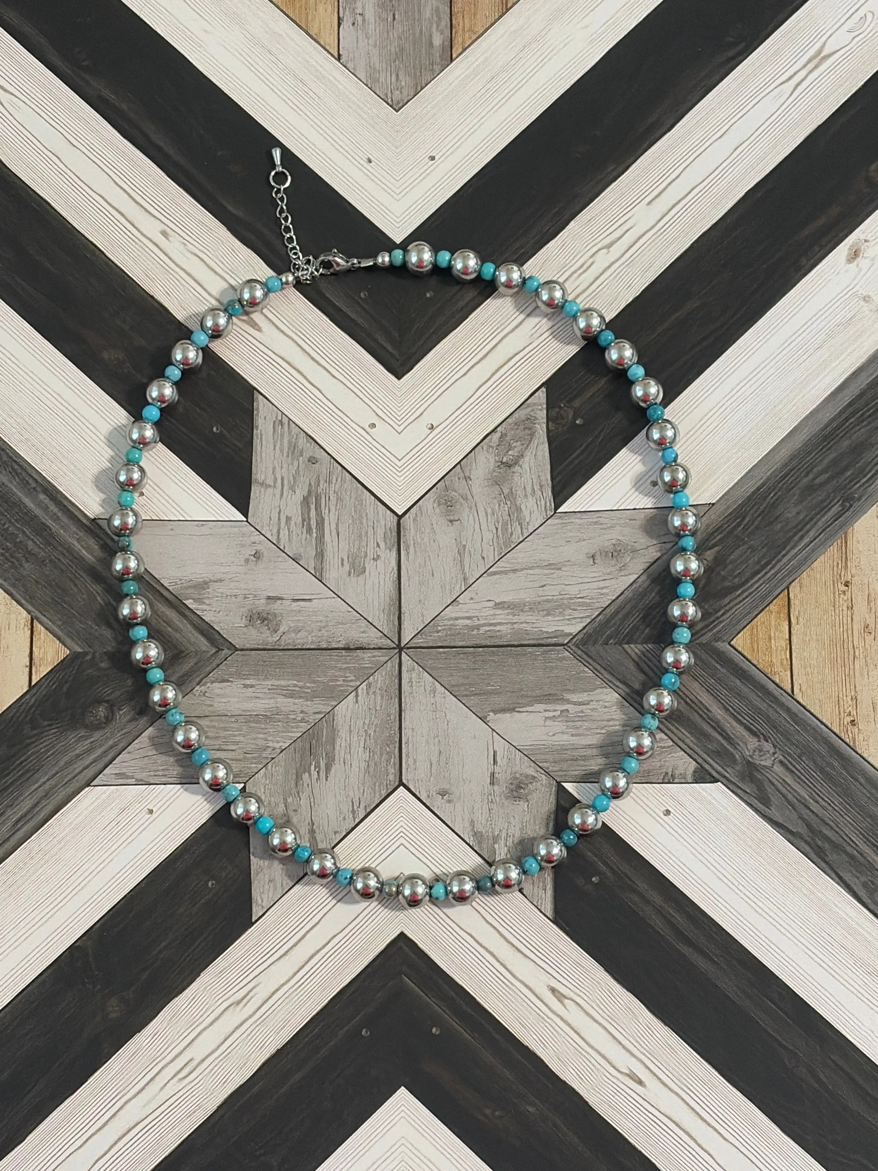 Desert Steel & Kingman Turquoise Graduated Necklace (8mm & 4mm)