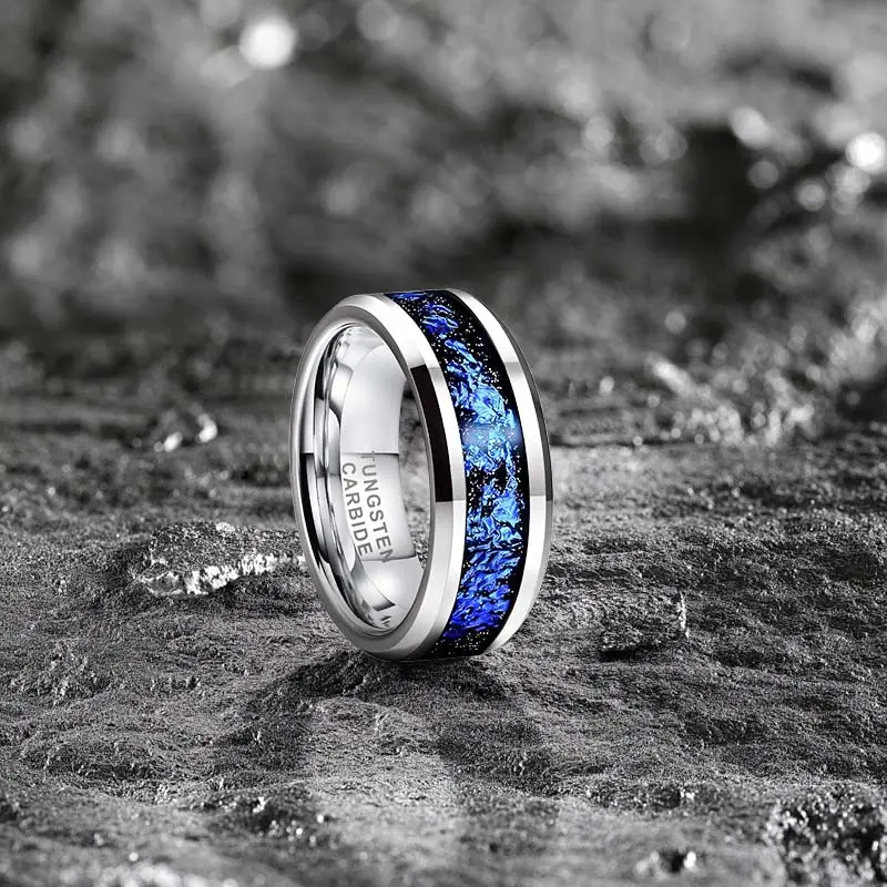 Men's Tungsten Wedding Band, 8MM Ring with Blue Inlay and Polished Beveled Edge, Comfort Fit Scratch-Resistant Engagement Jewelry, Tungsten Wedding Rings, Mens Wedding Bands
