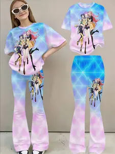 Girls' Anime Two-Piece Set, 3D Full-Print Short Sleeve Tee & Bell-Bottom Pants, Casual Fitted, Random Print
