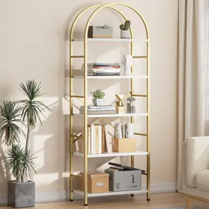Walsunny 5-Tier Open Bookshelf 67" Wood Storage Shelves with Metal Frame Freestanding Display Rack Rustic Brown Golden Multi-Functional for Home Office Living Room