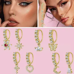 8-Piece Gold-Plated Nose Rings Set for Septum Piercing - Adjustable Style with Cross, Butterfly Designs and Cubic Zirconia