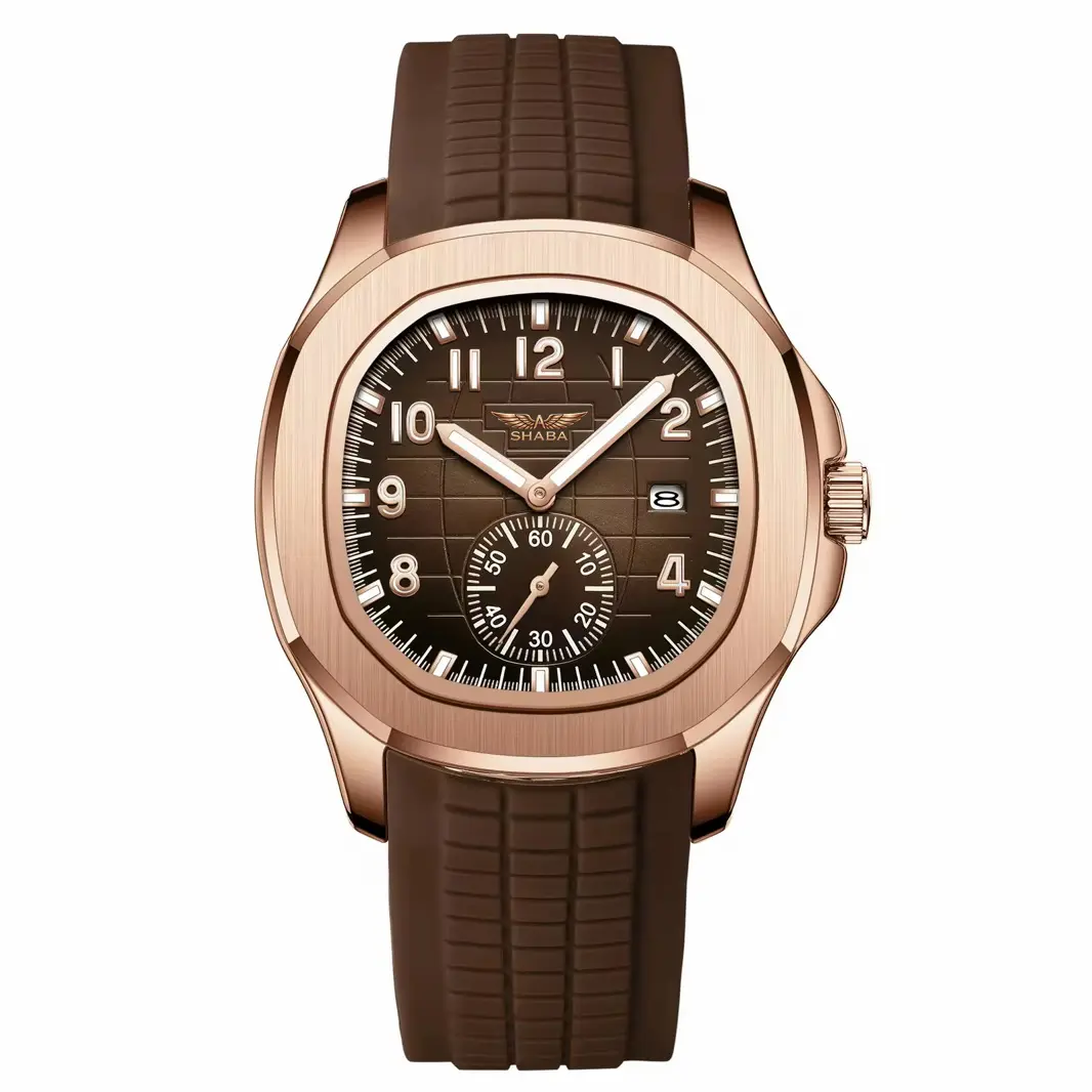 Shaba  Men's Watch with Brown Strap and Rose Gold Case, Analog Display, and Brown Dial