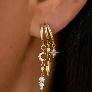 14K Gold Plated Earring for Women Trendy Triple Huggie Earrings Dainty Dangle Earring Small Hoops Statement Long Drop Chain Earrings Non Tarnish Jewelry
