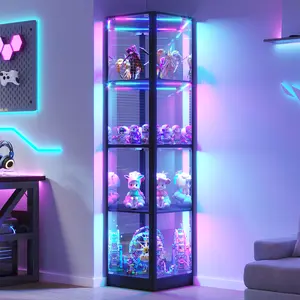 Dystler Glass Display Cabinet with RGB Lights- 68" Display Case with 4-Tier Shelfs, Corner Curio Cabinets for Collectibles/Toys/Books, LED Storage Cabinet