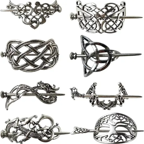 Women's 8PCS 3.35in Retro Silver Viking Celtic Metal Hair Clips - Thick/Curly Hair Gentle Hold, Female Birthday Party/Wedding Photo Comfy Long-Wear Minimalist Barrettes, Friends Gift Charm Accessories